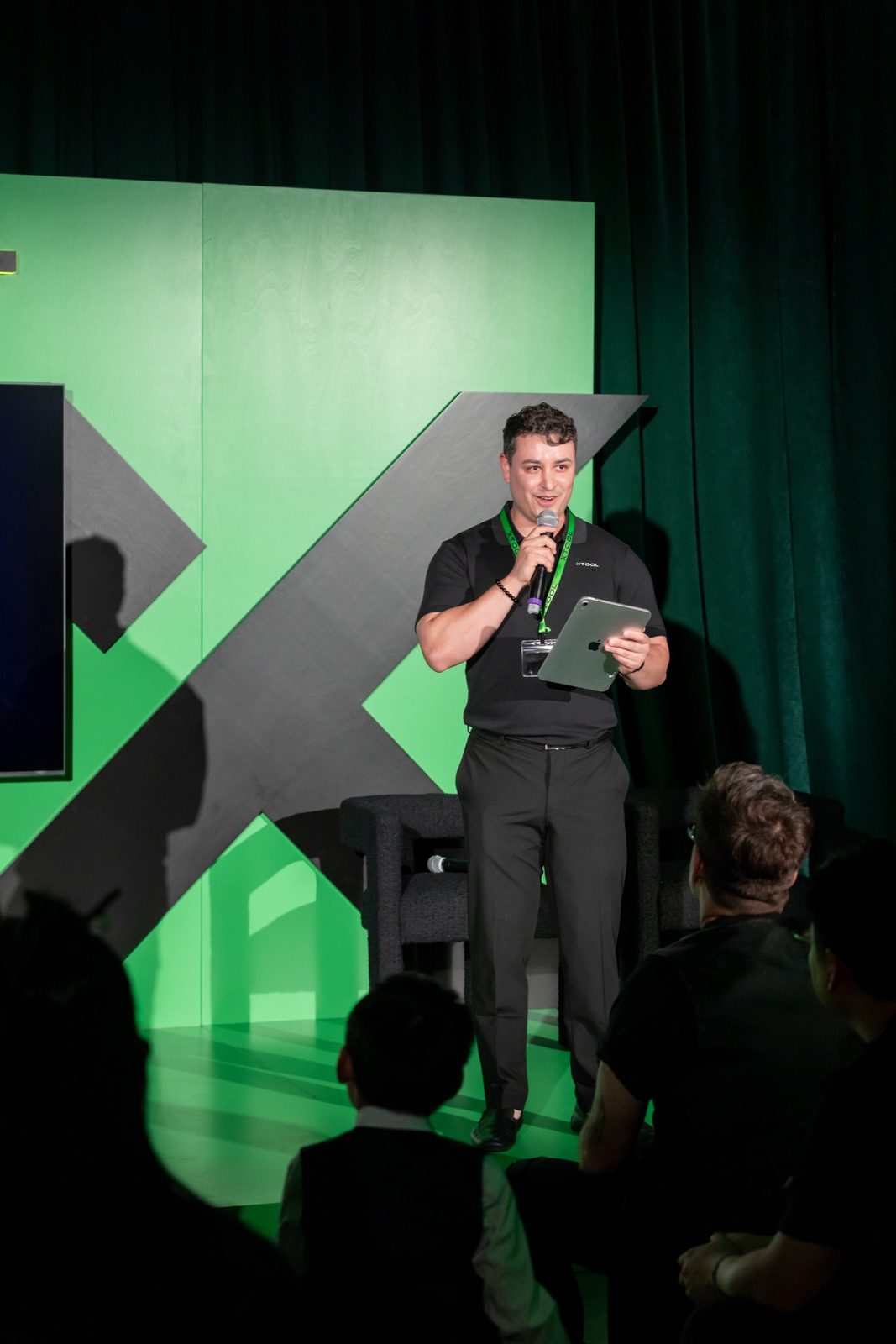 David Ascencio speaking on stage at the xTool U.S. brand launch